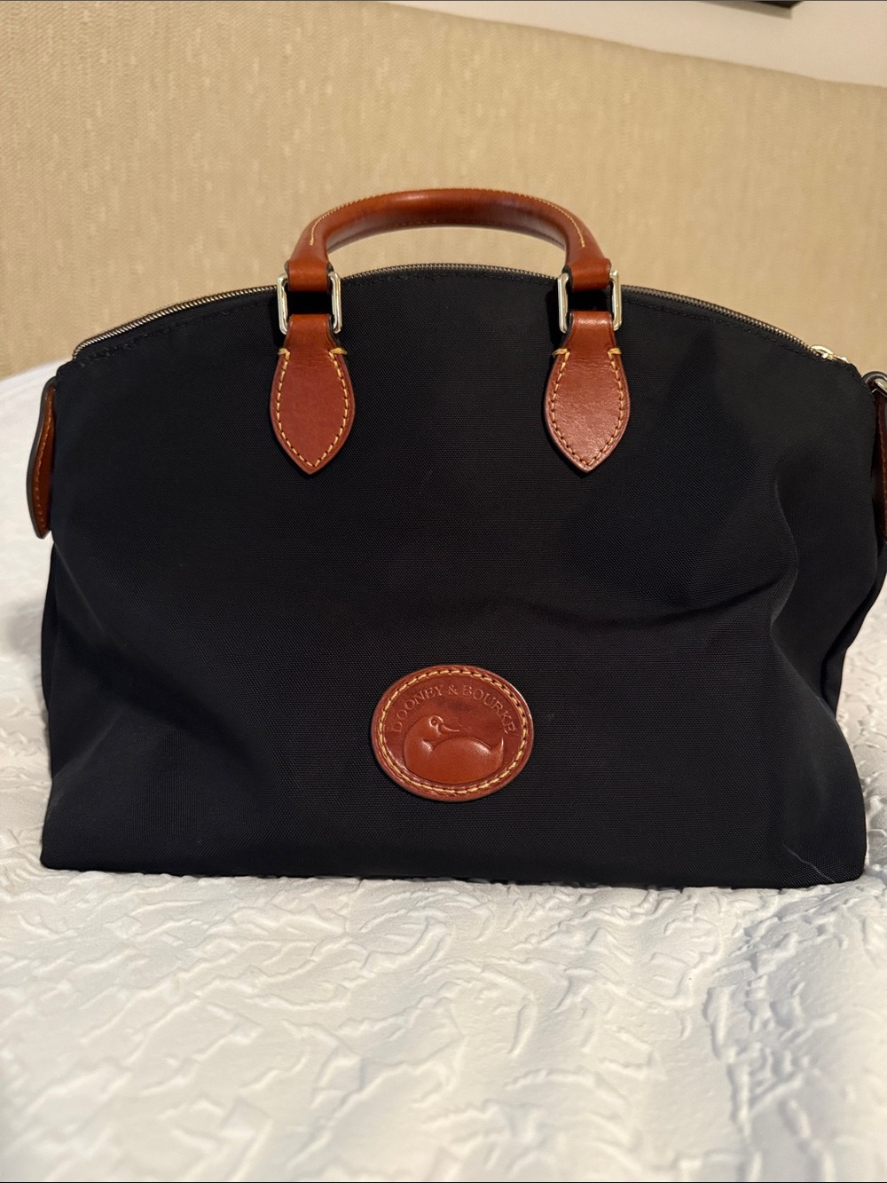 Dooney & Bourke Black Nylon Duffel with Brown Leather Trim